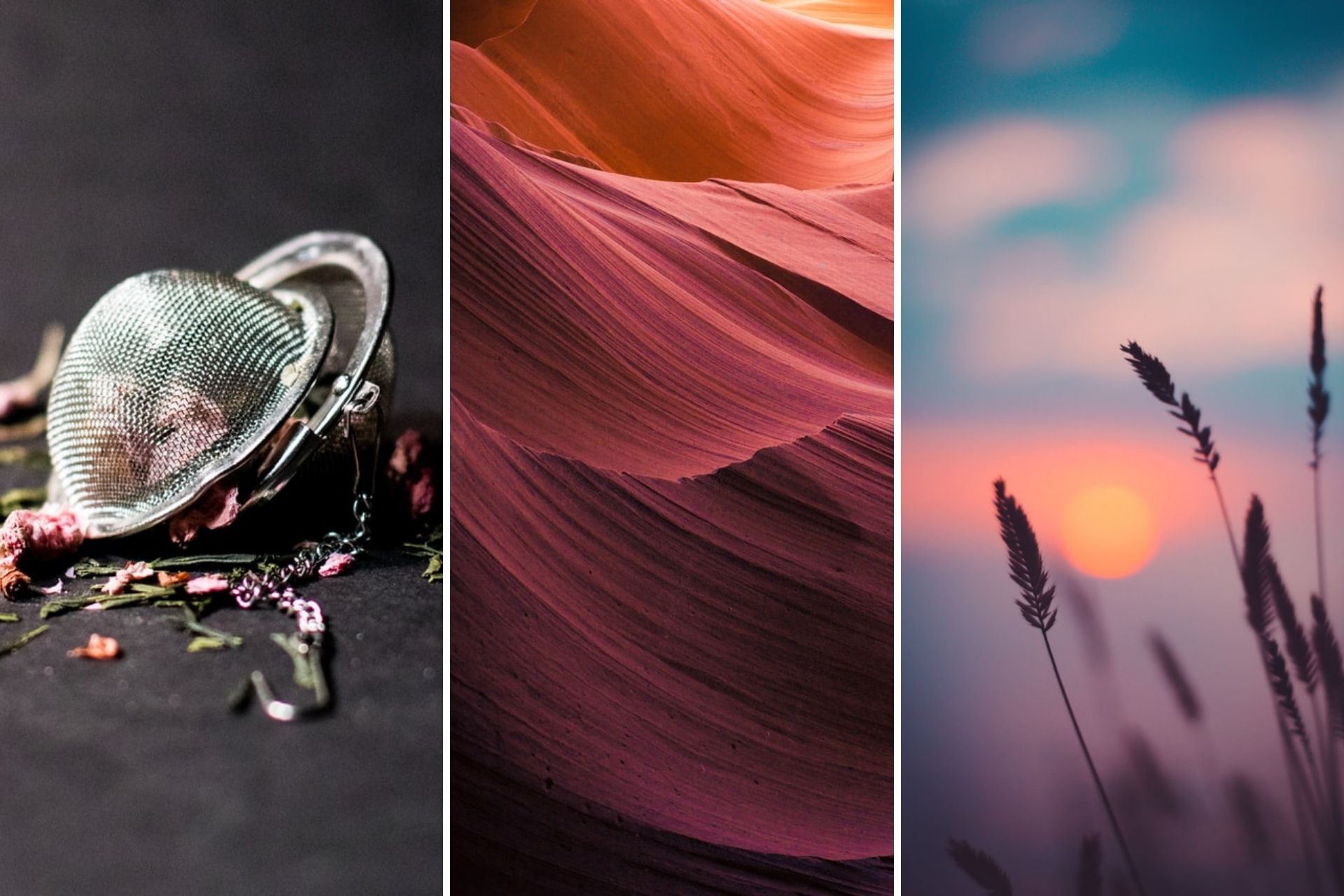 drieluik van verschillende afbeeldingen, een theezeefje, donkerrode kleuren en een achtergrond met ondergaande zon, afbeeldingen voor je website tips