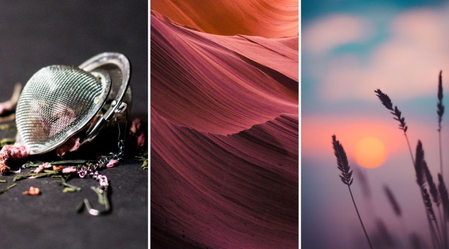 drieluik van verschillende afbeeldingen, een theezeefje, donkerrode kleuren en een achtergrond met ondergaande zon, afbeeldingen voor je website tips