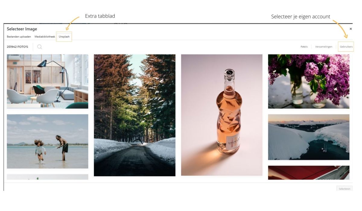 uitleg extra tabblad unsplash voor het selecteren van afbeeldingen binnen yootheme-wordpress, beschikbaar voor klanten van gridstar