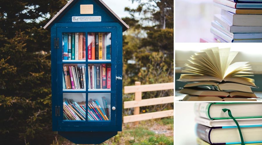 afbeeldingen van boeken en bibliotheekkastje buiten, bewaren op een wordpress-yootheme website door astrid pelgrom van gridstar, raalte, salland