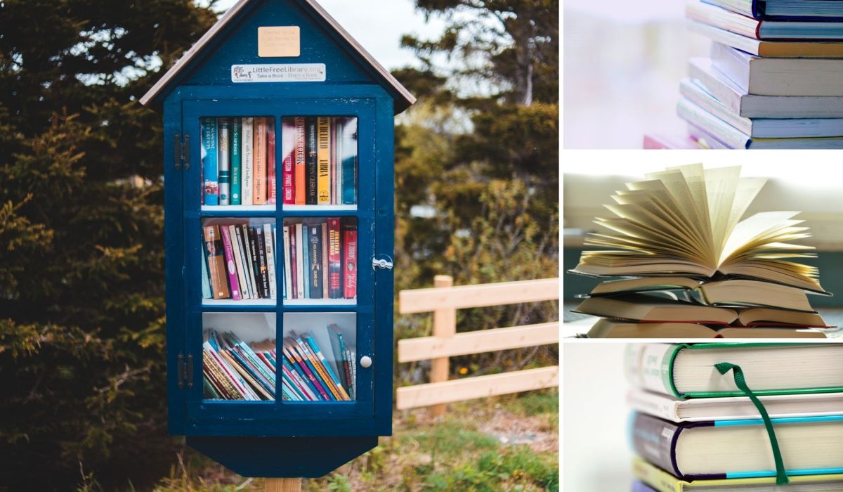 afbeeldingen van boeken en bibliotheekkastje buiten, bewaren op een wordpress-yootheme website door astrid pelgrom van gridstar, raalte, salland