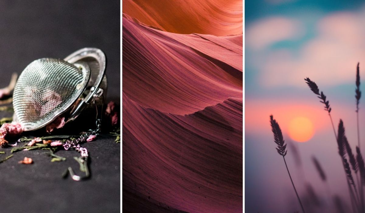 drieluik van verschillende afbeeldingen, een theezeefje, donkerrode kleuren en een achtergrond met ondergaande zon, afbeeldingen voor je website tips